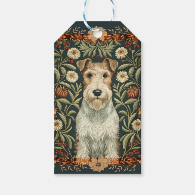 Trådig Foxterrier i William Morris blomsterstil Presentetikett (Framsidan)
