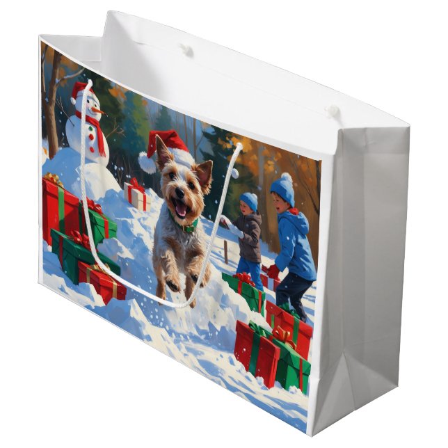 Trådig Foxterrier springer i snö med julhatt (Framsidan Vinklad)