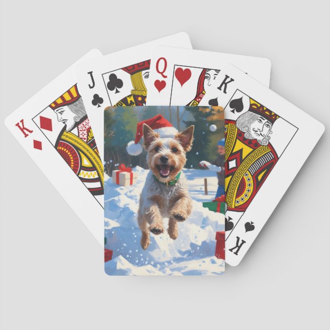 Trådig Foxterrier springer i snö med julhatt Casinokort (Baksidan)