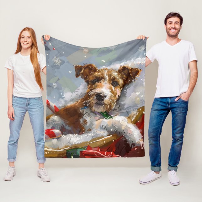 Trådig Rävterrier Hund Jul Festlig  Fleecefilt (På plats)
