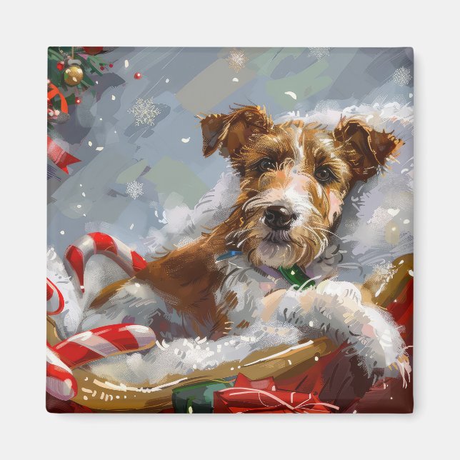 Trådig rävterrier hund jul festlig  magnet (Framsidan)