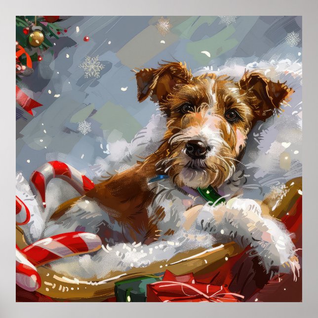 Trådig rävterrier hund jul festlig  poster (Framsidan)