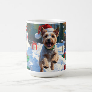 Trådig Rävterrier springer i snö med julhatt Kaffemugg
