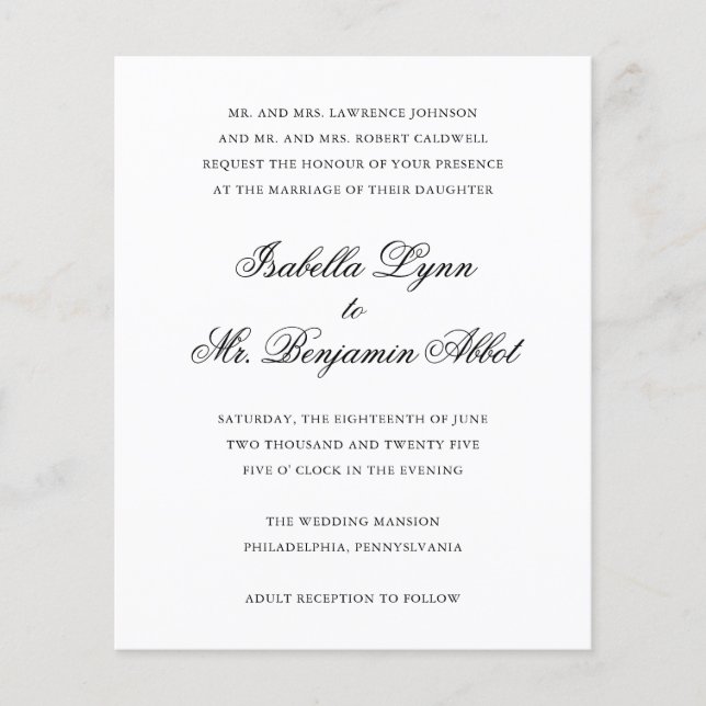Traditional Black and White Budget Wedding bjudand (Framsida)