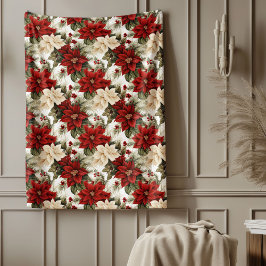 Traditional Blanket Red Poinsettia Holiday Style Fleecefilt