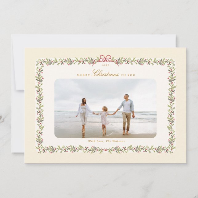 traditional bow christmas botanical 1 photo flat  julkort (Framsida)