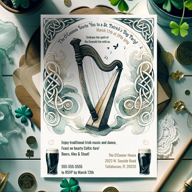 Traditional Celtic Harp St. Patrick's Day Party Inbjudningar (Skapare uppladdad)