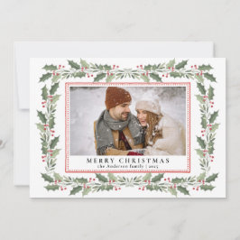 Traditional Christmas Holly Berries & Family Photo Julkort