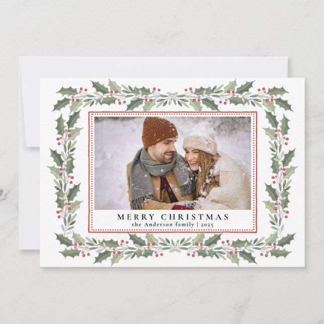 Traditional Christmas Holly Berries & Family Photo Julkort (Framsida)