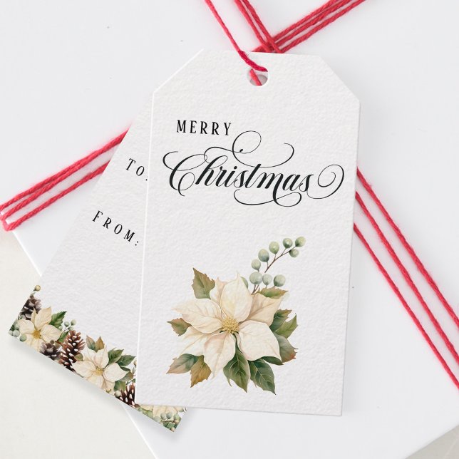 Traditional Christmas White Poinsettia Doublesided Presentetikett (Traditional Christmas White Poinsettia Doublesided Gift Tags - front/back)