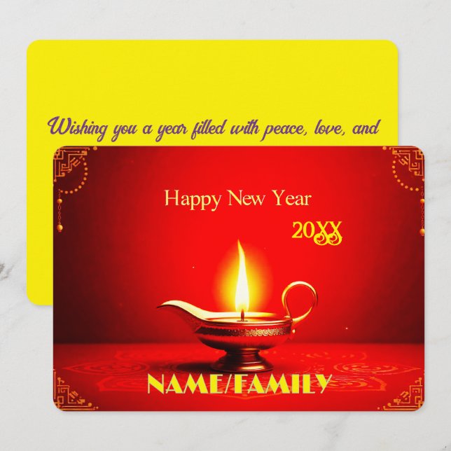 Traditional Diya Lamp – Elegant Happy New Year Julkort (Fram/baksida)
