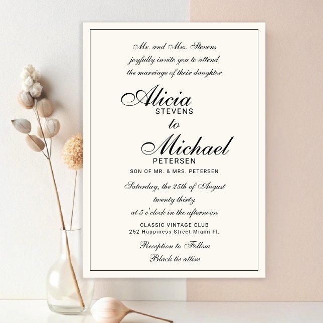 Traditional elegant classic black ivory wedding inbjudningar (Skapare uppladdad)