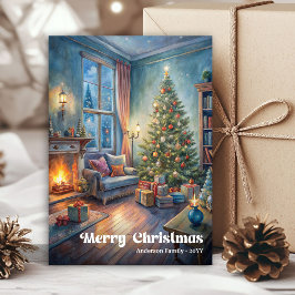 Traditional festive scene card red green lettering julkort