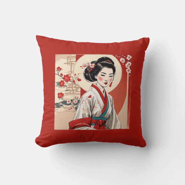Traditional Geisha Cherry Blommar Japanska Kudde (Framsida)