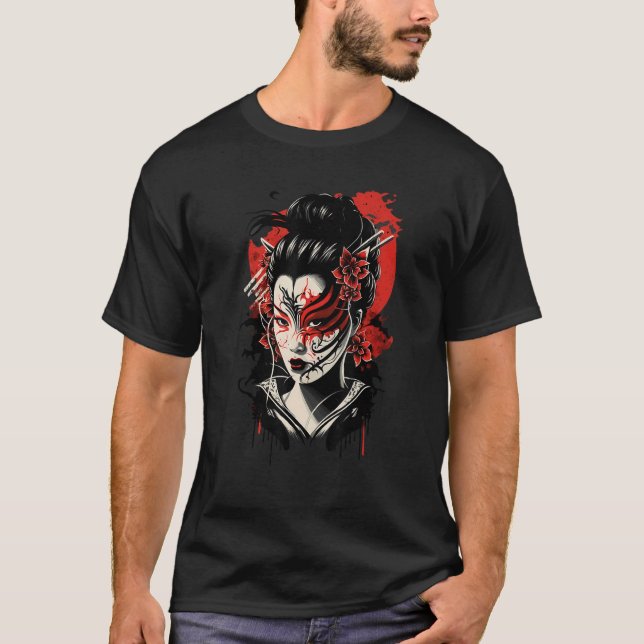 Traditional Geisha Samurai Mask Japansk Sword Krig T Shirt (Framsida)