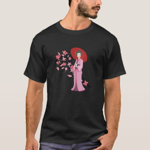 Traditional Girl Parbrella och Japans Sakura Cher T Shirt