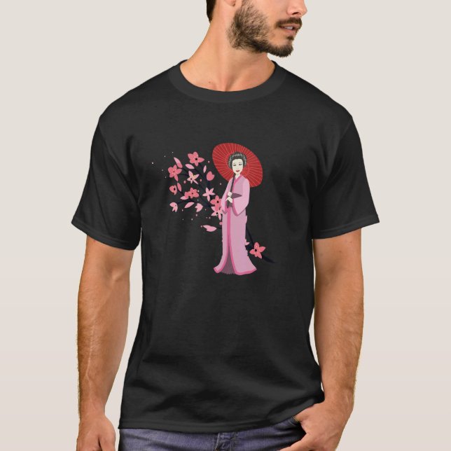 Traditional Girl Parbrella och Japans Sakura Cher T Shirt (Framsida)