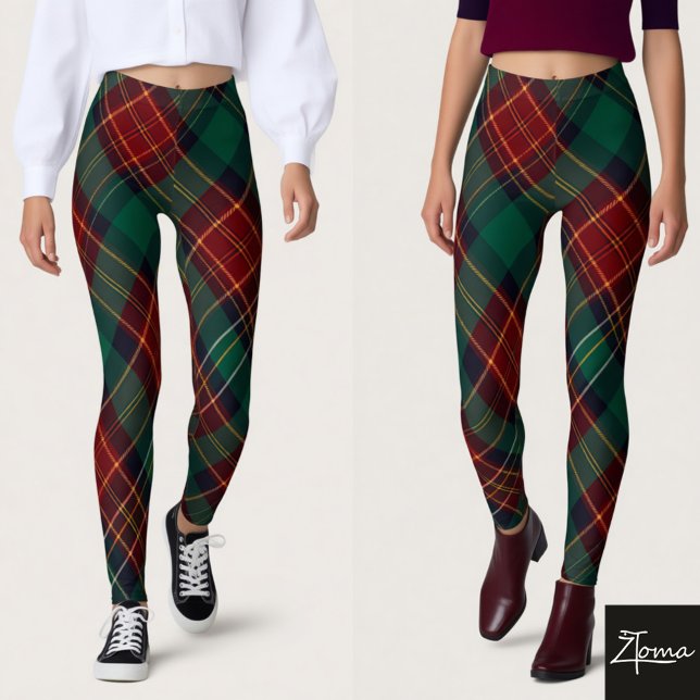 Traditional Green Red Diagonal Tartan Plaid Leggings (Skapare uppladdad)