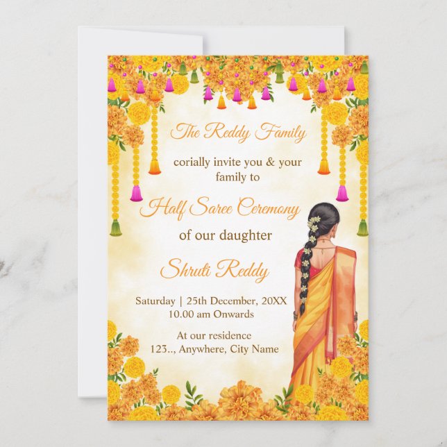 Traditional Half Saree Ceremony Invitation Inbjudningar (Framsida)