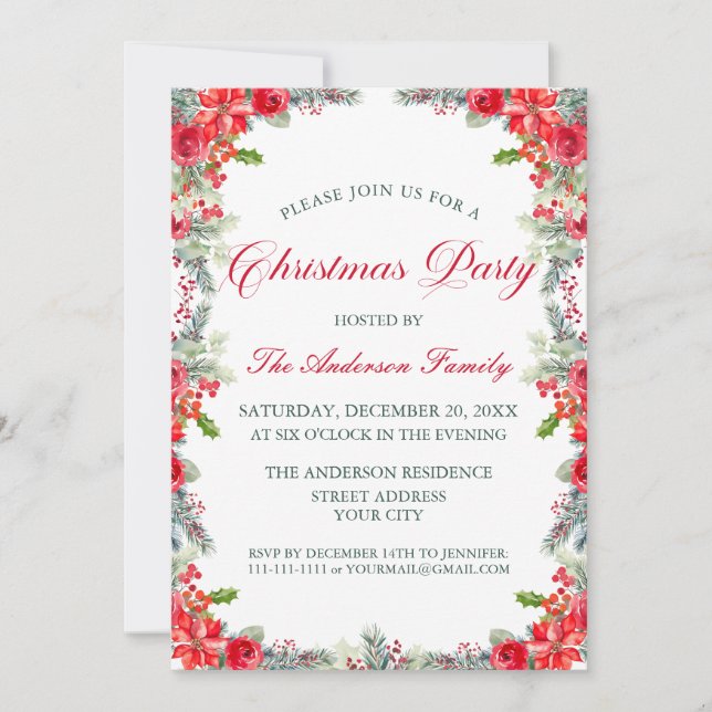 Traditional Holly & Roses Christmas Party Inbjudningar (Framsida)