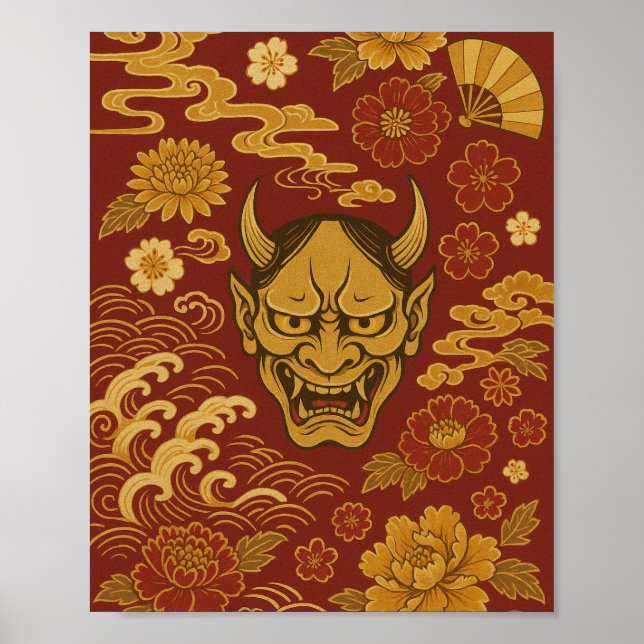 "Traditional Japansk Demon Art with Blommigt Vinka Poster (Framsidan)