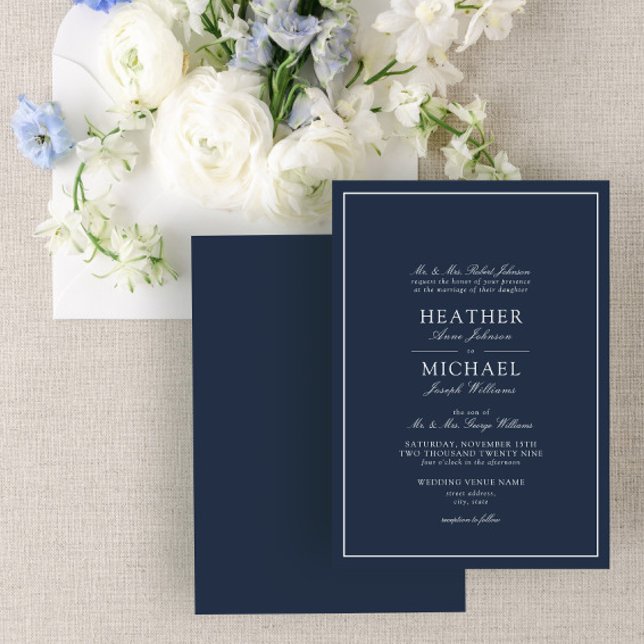 Traditional Navy Blue Classic Script Bröllop Inbjudningar (Skapare uppladdad)