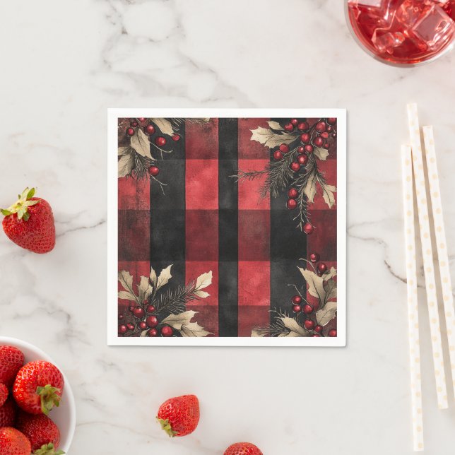 Traditional Red and Black Plaid Christmas Holiday Pappersservett (Insitu)