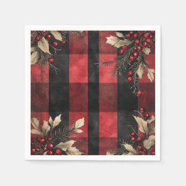 Traditional Red and Black Plaid Christmas Holiday Pappersservett