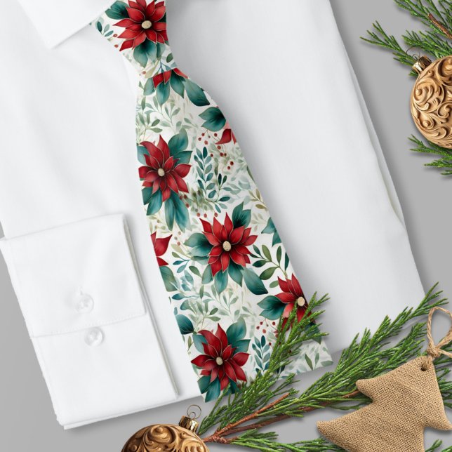 Traditional Red and Grönt Watercolor Poinsettia Slips (Traditional Red and Green Watercolor Poinsettia Necktie 
)