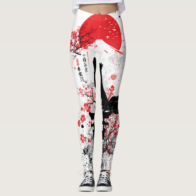 Traditional Red Black Japanese Kitsune Fox with Mo Leggings (Framsida)
