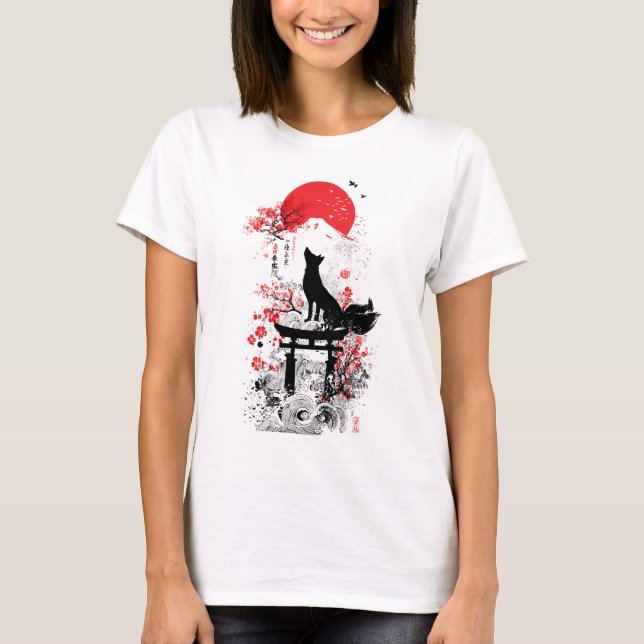 Traditional Red Black Japanese Kitsune Fox with Mo T Shirt (Framsida)