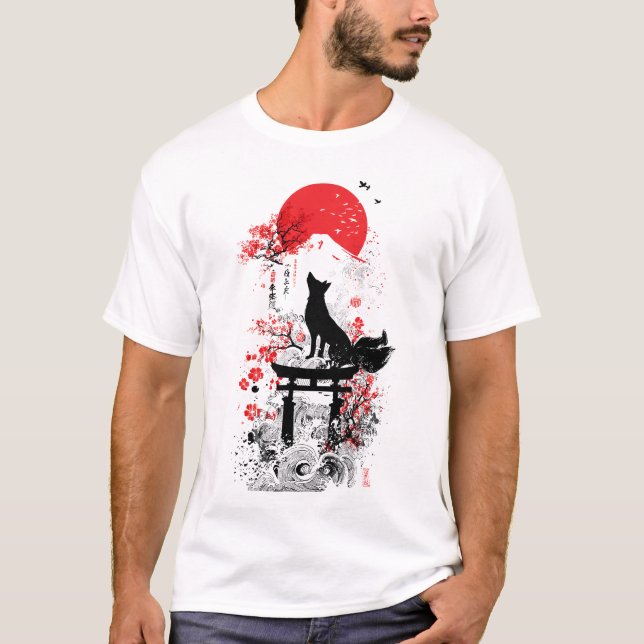 Traditional Red Black Japanese Kitsune Fox with Mo T Shirt (Framsida)