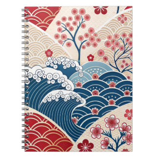 Traditional Red Blue Japanese Wave Sakura Pattern Anteckningsbok