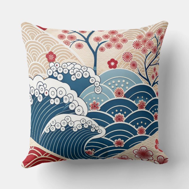 Traditional Red Blue Japanese Wave Sakura Pattern Kudde (Baksida)