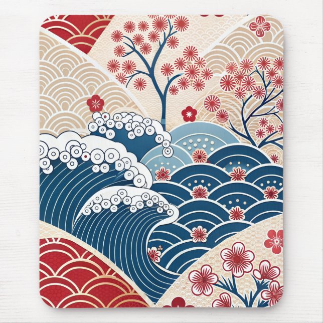 Traditional Red Blue Japanese Wave Sakura Pattern Musmatta (Framsidan)