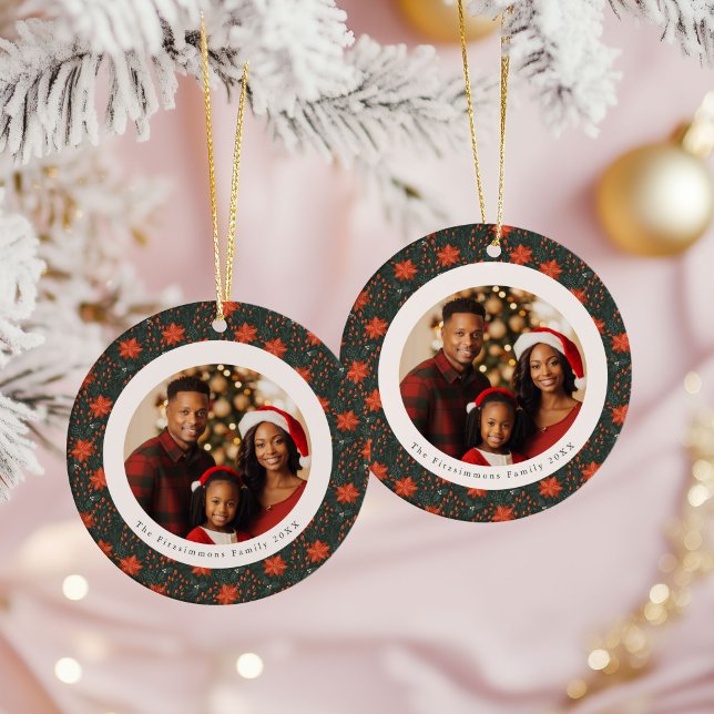 Traditional Red Poinsettia 2 Sided Photo Christmas Julgransprydnad Keramik (Poinsettia Season Double Sided Photo Christmas Ornament forest green)