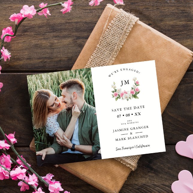 Traditional Romantic Pink Floral Orchids Garland Spara Datumet (Traditional Romantic Pink Shades Floral Orchids Garland Photo Wedding Initials Save the Date Card.)
