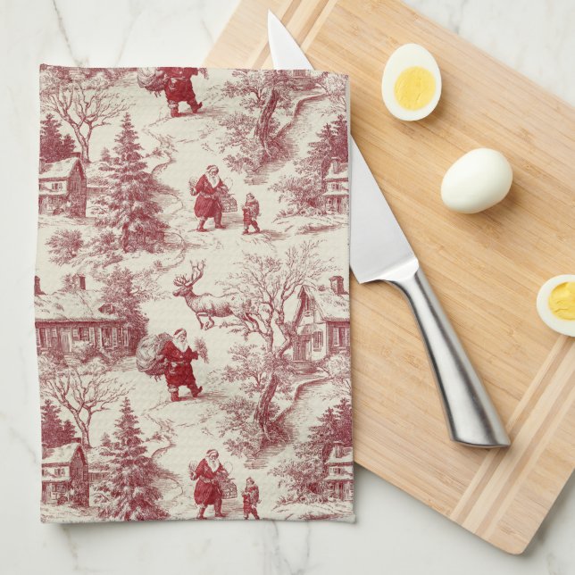 Traditional Santa Claus Red on Cream Toile De Jouy Kökshandduk (Vikt i Fjärdedel)