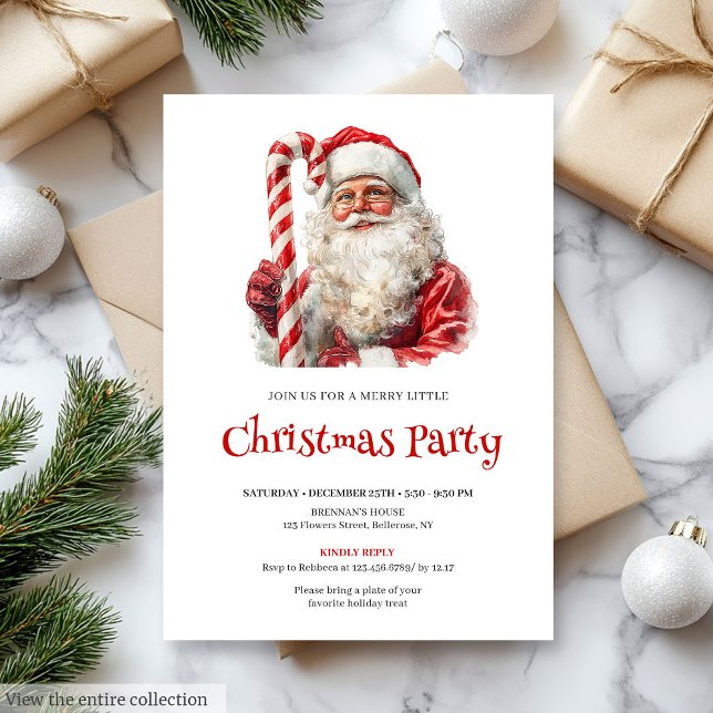 Traditional Santa Watercolor Christmas Dinner  Inbjudningar (Traditional Santa Watercolor Christmas Dinner Invite)