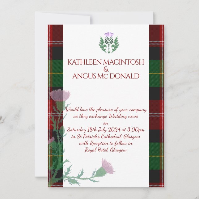 Traditional Scottish Tartan Gräns och Thistle Inbjudningar (Framsida)