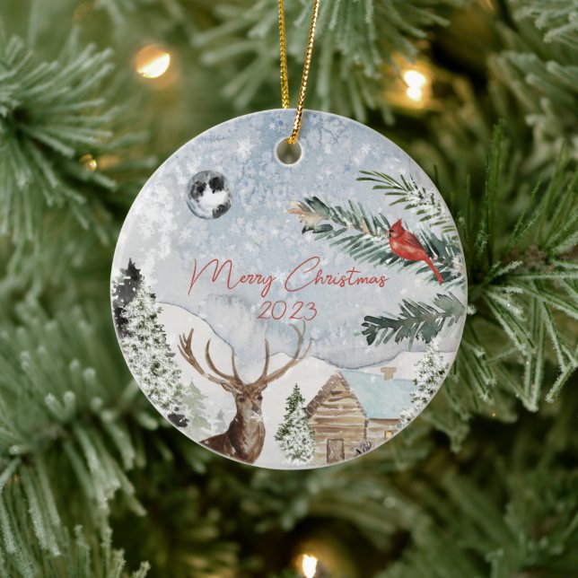 Traditional Snowy Winter Wonderland Hjort Kardinal Julgransprydnad Keramik (Träd)