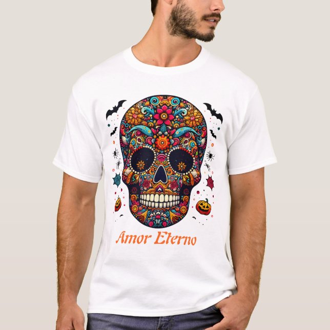 Traditional Sugar Skull Halloween Mexican Art T Shirt (Framsida)