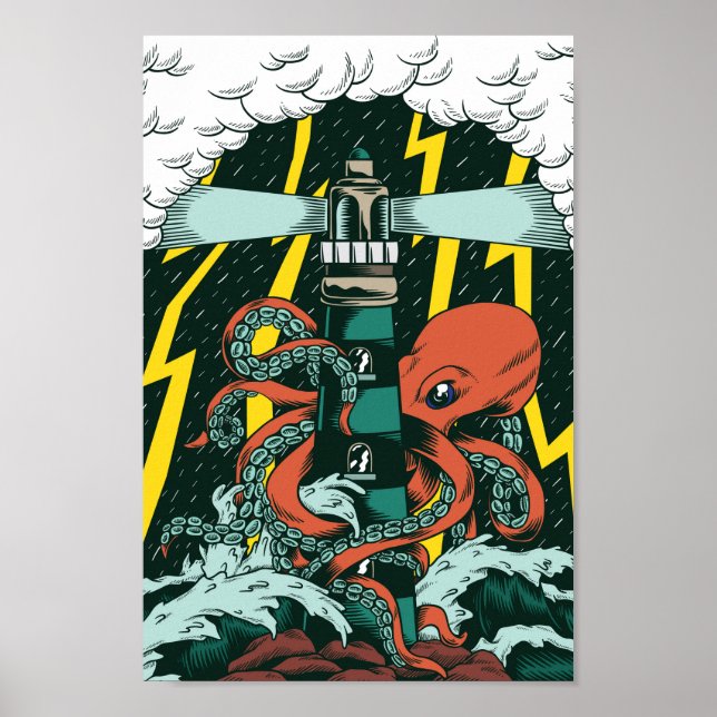 Traditional Tattoo Style Octopus and Lighthouse Poster (Framsidan)