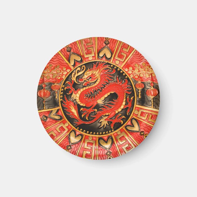 Traditionell antika kinesiska draken Red Guld Gold Magnet (Framsidan)