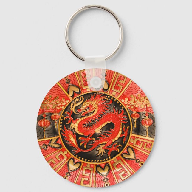Traditionell antika kinesiska draken Red Guld Gold Nyckelring (Framsida)
