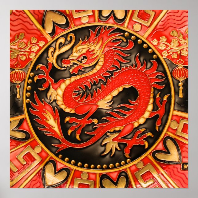 Traditionell antika kinesiska draken Red Guld Gold Poster (Framsidan)