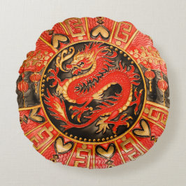 Traditionell antika kinesiska draken Red Guld Gold Rund Kudde