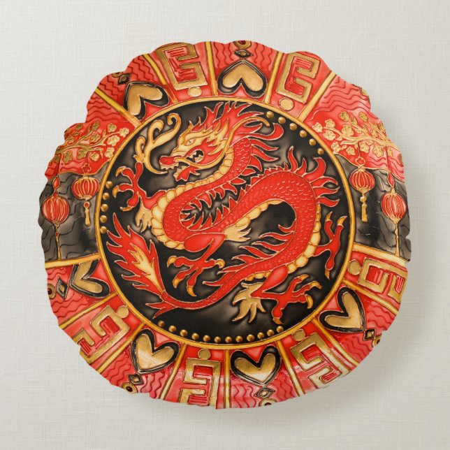 Traditionell antika kinesiska draken Red Guld Gold Rund Kudde (Framsidan)