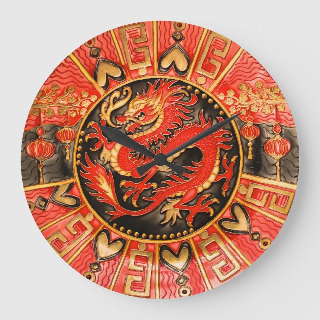Traditionell antika kinesiska draken Red Guld Gold Stor Klocka (Framsida)
