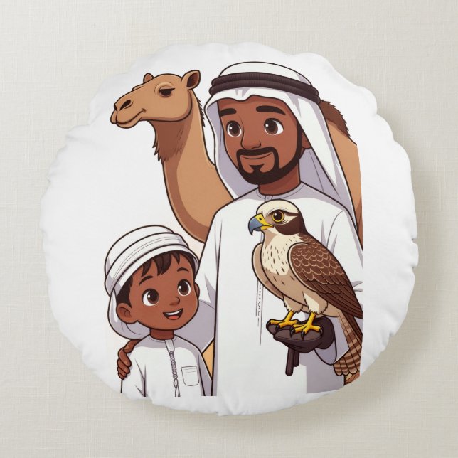Traditionell arabisk falkjakt rund kudde (Framsidan)